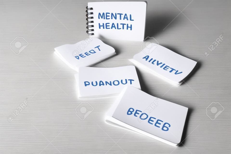 Mental health text on notepad surrounded by Fear Anxiety Stress and Burnout words on scrunched up pages, psychology  and emotional wellness concept