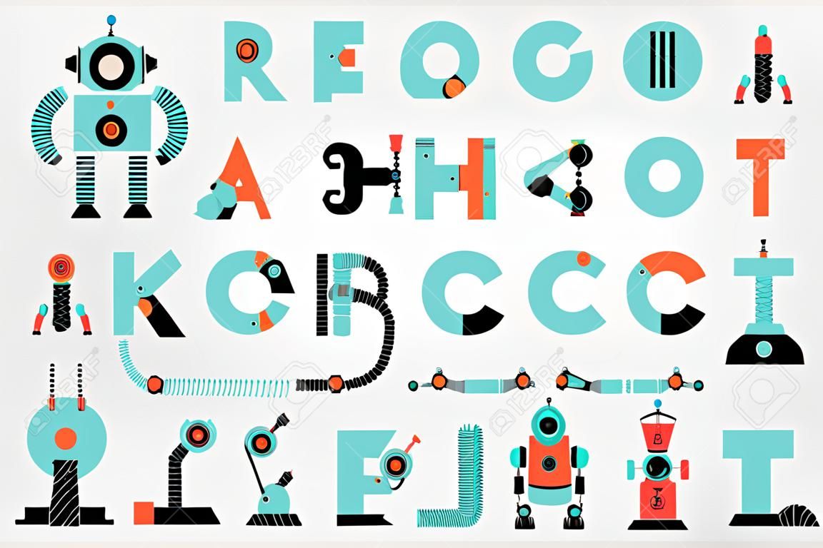 Robot font, robotics alphabet set.