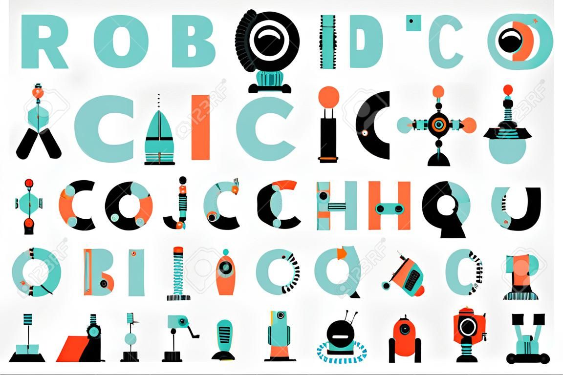 Robot font, robotics alphabet set.