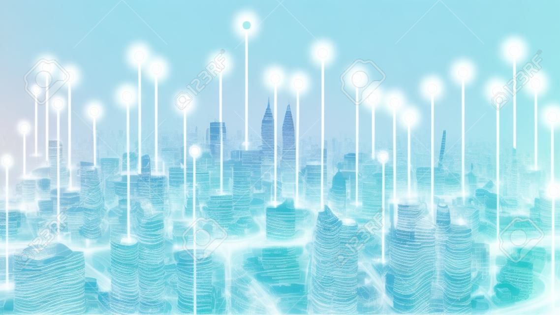 Conceito de cidade inteligente e rede de comunicação para 5G, internet de coisas IOT, big data, conexão de velocidade sem fio, realidade aumentada e inteligente.