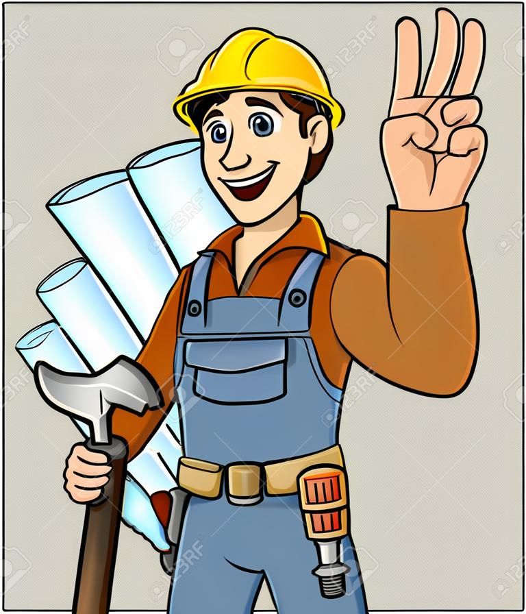 Sarı bir helmetin içinde, iş kıyafetleri içinde, inşaat aletleri bulunan bir adam.