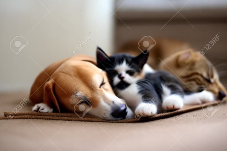 Katze und Hund schlafen zusammen. Kätzchen und Welpe, die ein Nickerchen machen. Haustiere. Tierschutz. Liebe und Freundschaft. Haustiere.