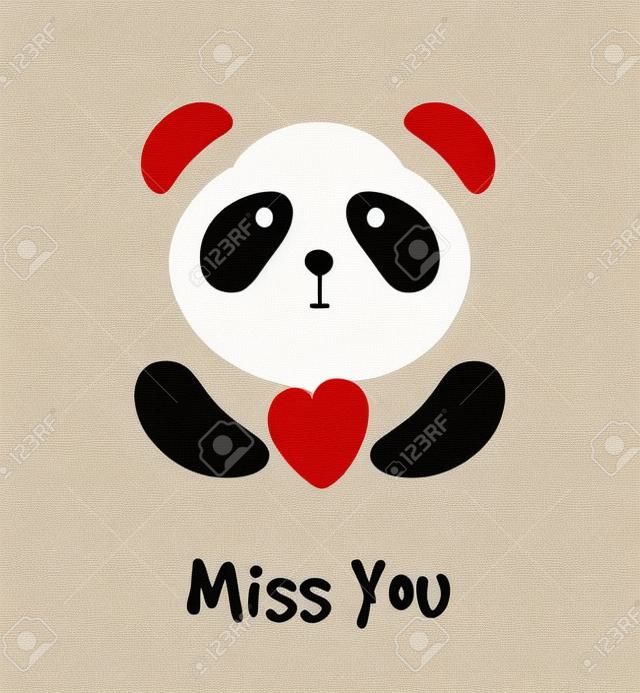 可愛的熊貓與紅色的心。想念你的卡片