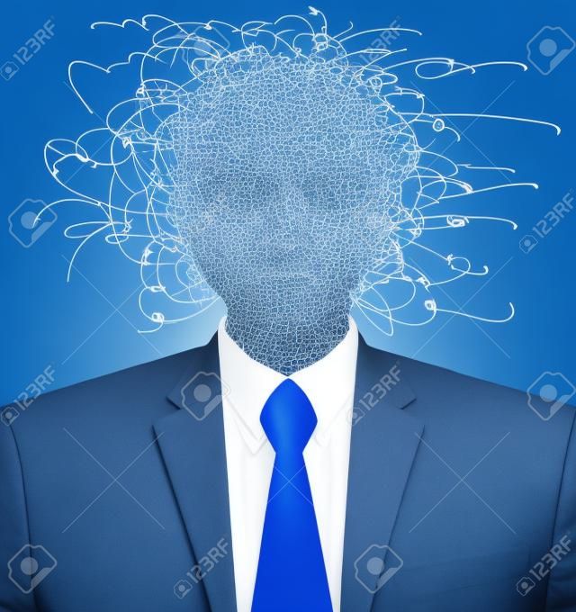 Business person with disorganized thoughts. Isolated on blue background.