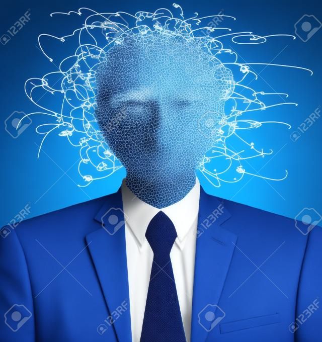 Business person with disorganized thoughts. Isolated on blue background.