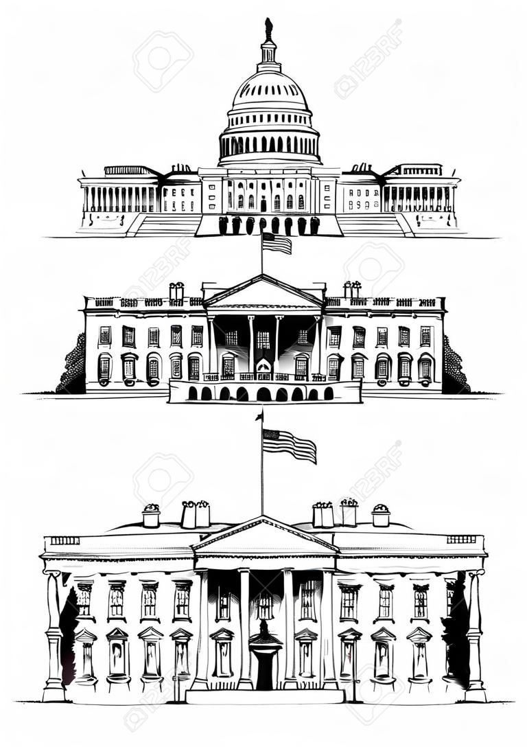 Stati Uniti Capitol Building, Monumento a Washington, illustrazione vettoriale Casa Bianca. Punti di riferimento vettoriali USA impostato isolato su sfondo bianco