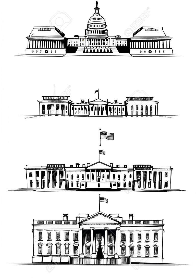 Edificio del Capitolio de los Estados Unidos, Monumento a Washington, ilustración vectorial Casa Blanca. EE.UU. vector marcos conjunto aislado sobre fondo blanco