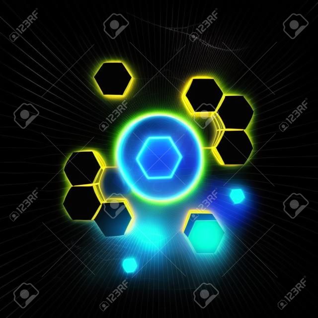 Hexagon cube with dark background, surrounded by glowing lines, 3d rendering.