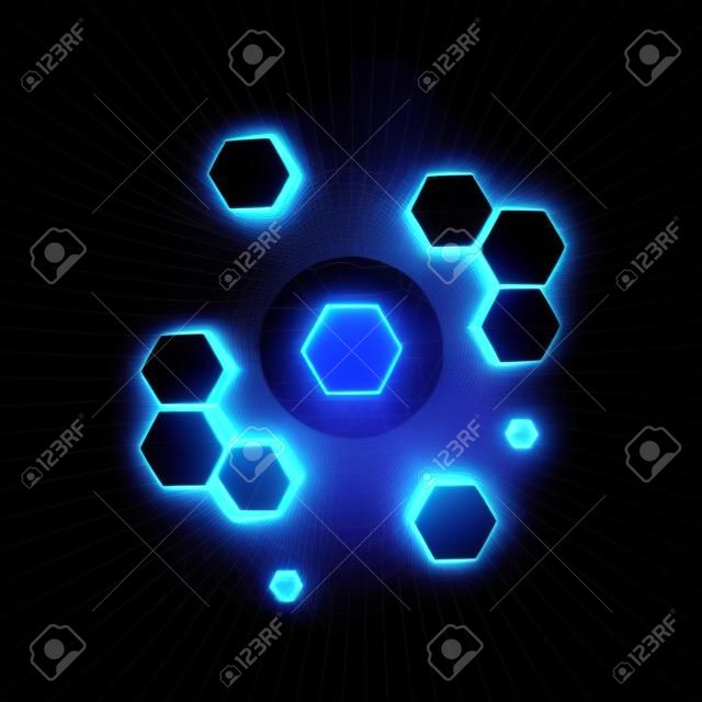 Hexagon cube with dark background, surrounded by glowing lines, 3d rendering.