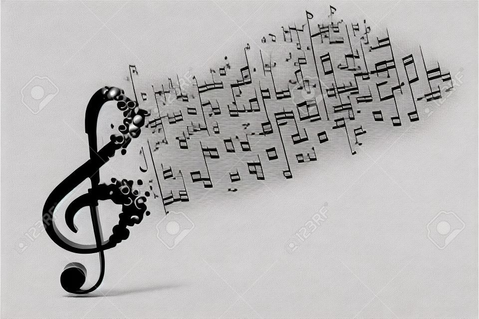 Note musicali nere con sfondo bianco, rendering 3d. Disegno digitale al computer.