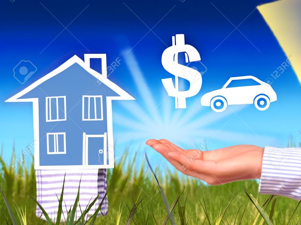Huis, dollar symbool en auto in de hand.
