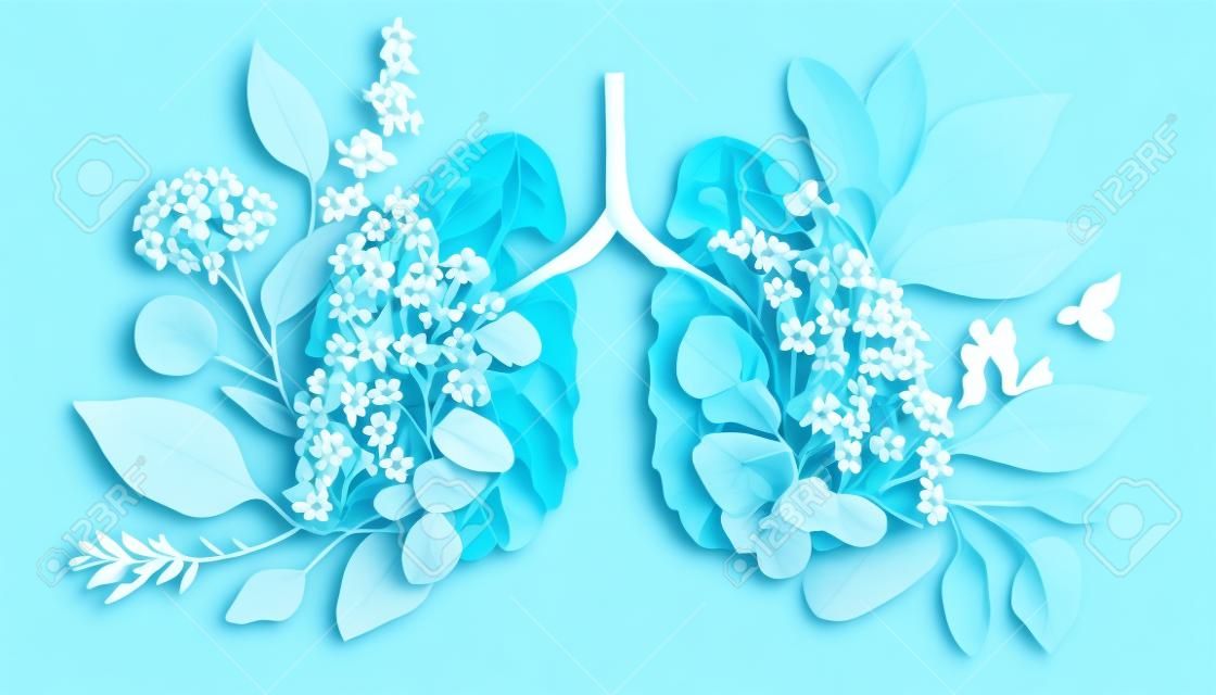 Płuca wykonane ze świeżych kwiatów i liści na jasnoniebieskim tle przez generatywną ai