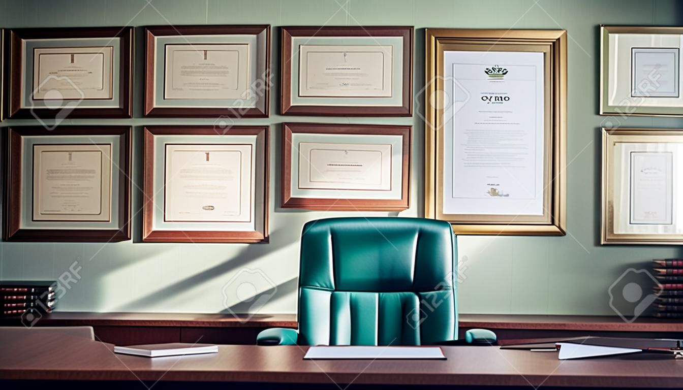 Empty frame on office wall diploma degree certificate credentials image photo poster business chief executive officer ceo cfo cxo promotion portrait work. Generative AI technology