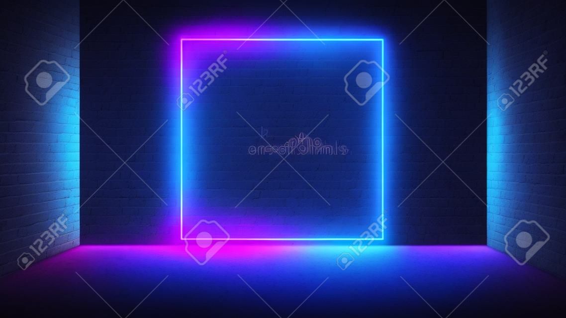 Square shaped glowing neon frame on brick wall in dark room. Blue to purple or pink gradient color glow. Sci-fi and cyberpunk concept. 3D illustration.
