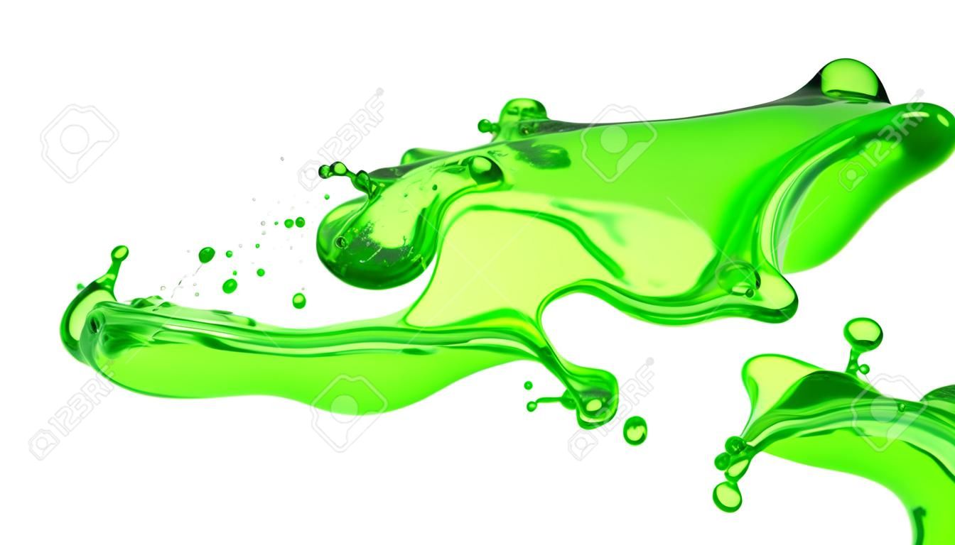 Splash of transparent liquid of a green color on a white background. 3d rendering, 3d illustration.