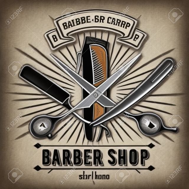 Barber shop vintage label, badge, or emblem with scissors, hair clipper and razors on gray background. Haircuts and shaves. Vector illustration