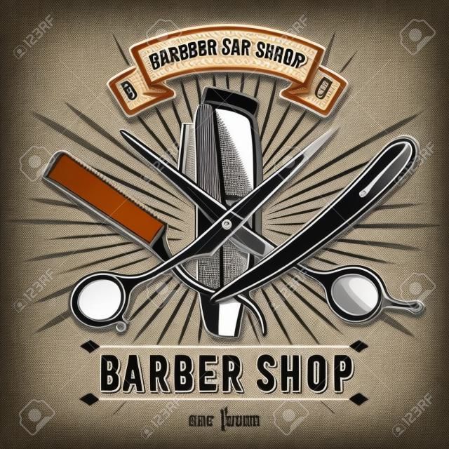 Vintage-Etikett, Abzeichen oder Emblem des Friseursalons mit Schere, Haarschneider und Rasiermesser auf grauem Hintergrund. Haarschnitte und Rasuren. Vektorillustration
