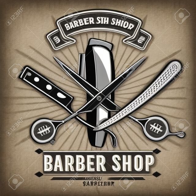 バーバーショップのヴィンテージラベル、バッジ、またはグレーの背景にハサミ、ヘアクリッパー、カミソリとエンブレム。ヘアカットと剃毛。ベクトルの図