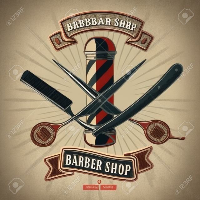 Logotipo de barbería con poste de barbero en estilo vintage. Plantilla de vector
