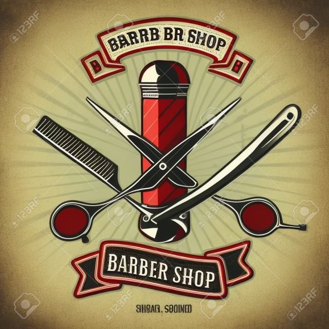 Barber Shop Logo with barber pole in vintage style. Vector template