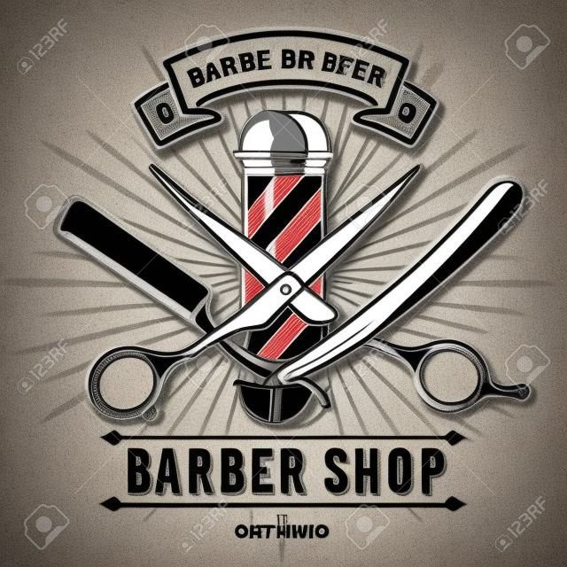 理髮店矢量老式標籤，徽章或標誌在灰色的背景上。矢量模板