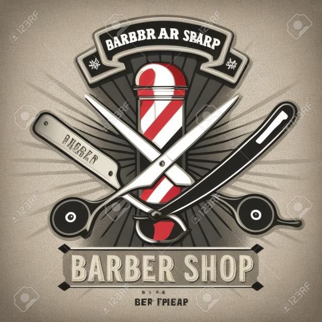 Barber shop vector vintage label, badge, or emblem on gray background. Vector template