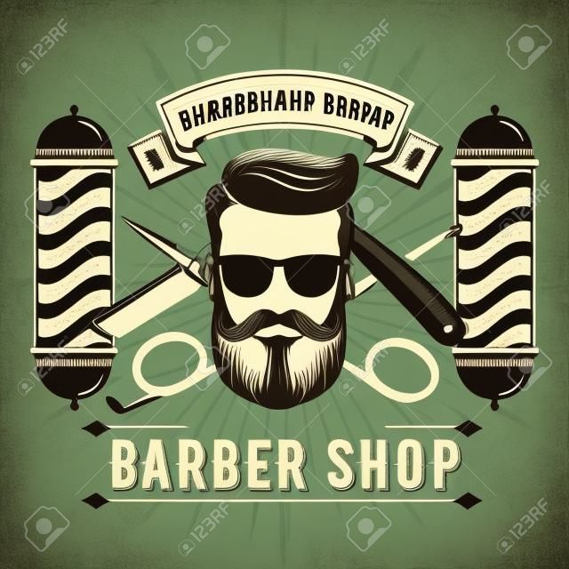 Barbershop with barber pole in vintage style. Vector template.