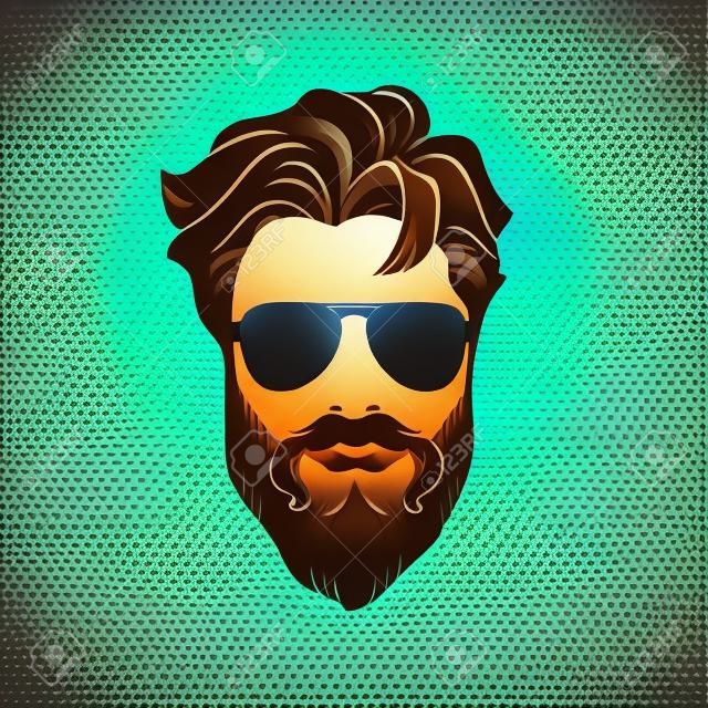 Bearded men in sunglasses, hipster face icon