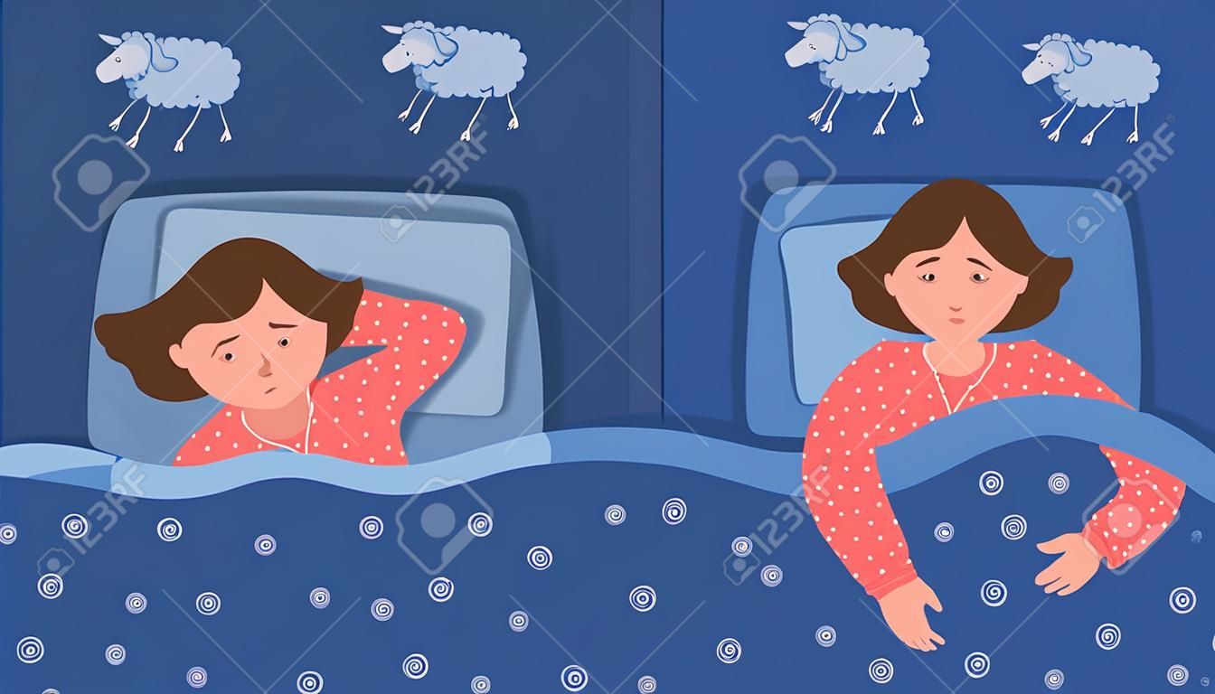 Two scenes with normal sleep and insomnia. A girl in pink pajamas lies in bed and cannot sleep. Insomnia concept. Woman counting sheep to sleep.