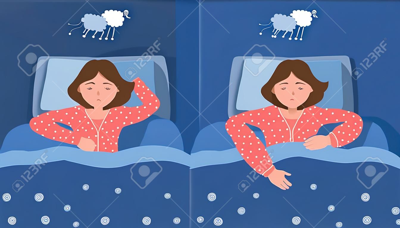 Two scenes with normal sleep and insomnia. A girl in pink pajamas lies in bed and cannot sleep. Insomnia concept. Woman counting sheep to sleep.