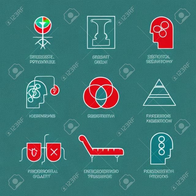 Symbolen van verschillende psychologie theorieën, waaronder psychodrama, gedrag, gestalt, transactieanalyse gemaakt in vector. Geestelijke gezondheid, autisme, mentale problemen symbolen.