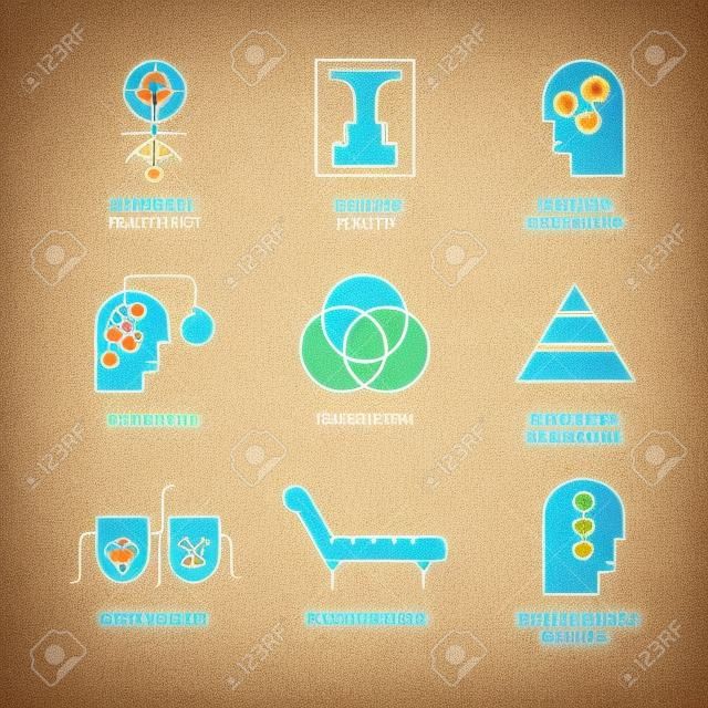 Symbolen van verschillende psychologie theorieën, waaronder psychodrama, gedrag, gestalt, transactieanalyse gemaakt in vector. Geestelijke gezondheid, autisme, mentale problemen symbolen.