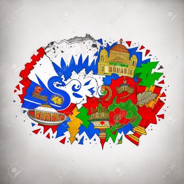 Hand drawn concept of Serbia with all main symbols of the country.