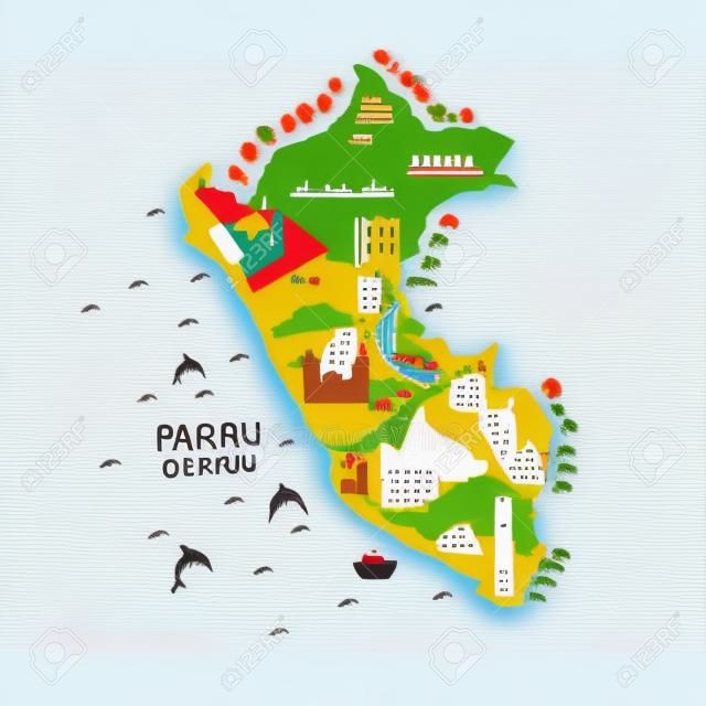 Cartoon map of Peru. Vector illustration with all main symbols of the country.