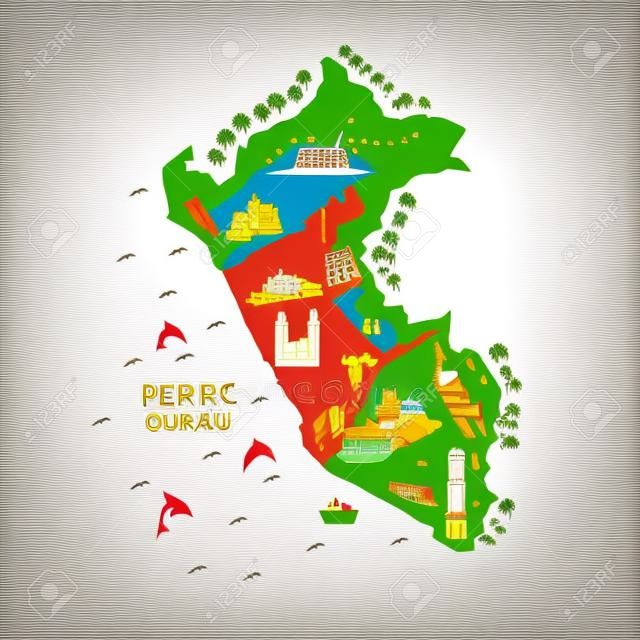 Cartoon map of Peru. Vector illustration with all main symbols of the country.