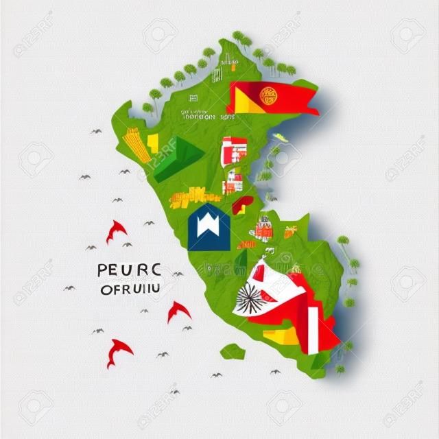 Peru Haritası çizgi film. Ülkenin tüm ana sembolleri ile vektör çizim.