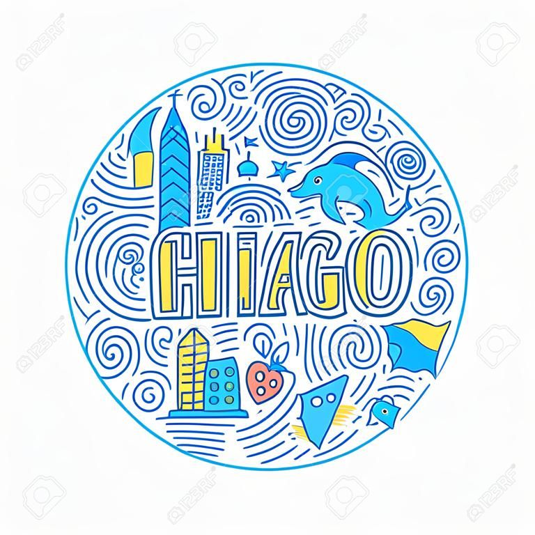 手には、この都市のすべての主要なシンボルとシカゴのサークル コンセプトが描かれました。ベクトルの図。
