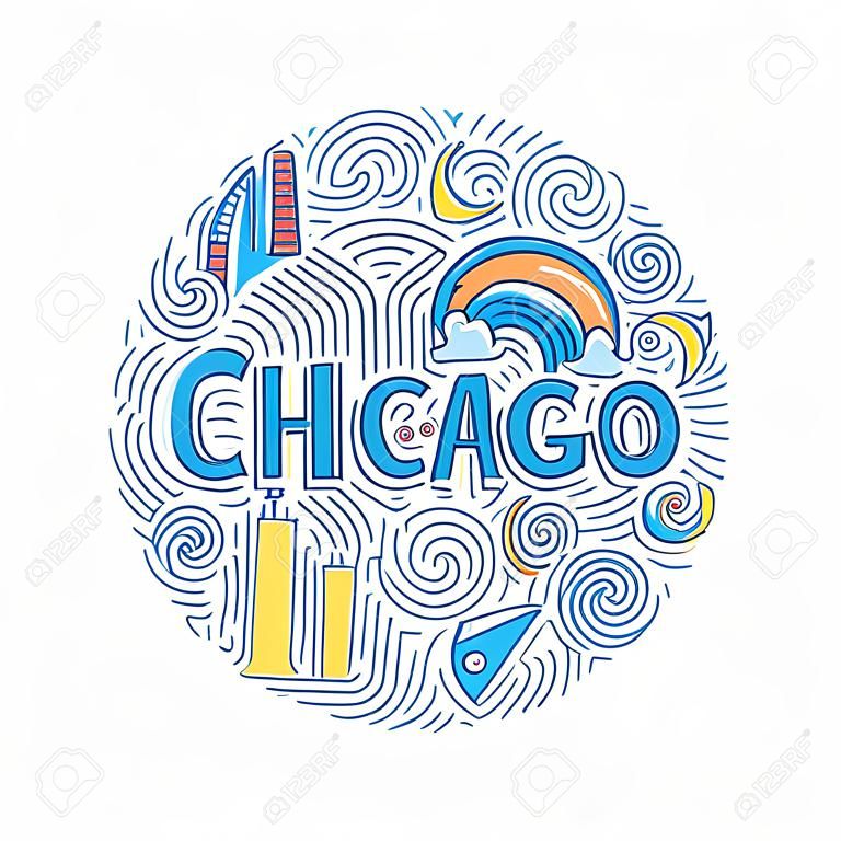 手には、この都市のすべての主要なシンボルとシカゴのサークル コンセプトが描かれました。ベクトルの図。