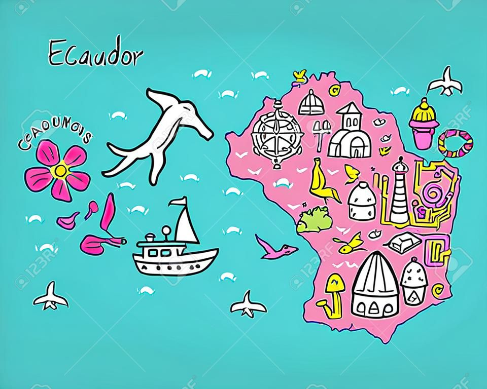 Cartoon map of Ecuador and Galapagos Islands - hand drawn illustration with all main symbols vector art.