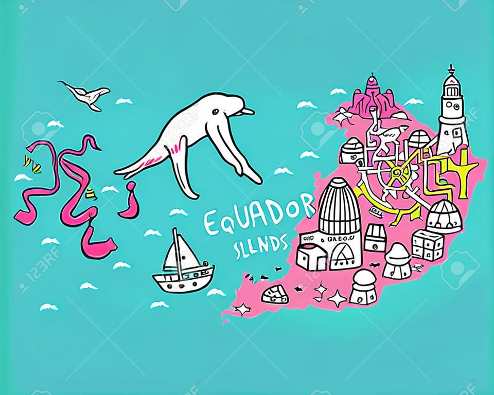 Cartoon map of Ecuador and Galapagos Islands - hand drawn illustration with all main symbols vector art.