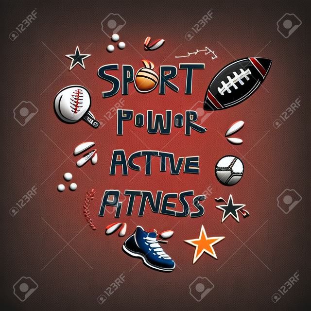 Plakat na temat sportu z różnymi elementami sportowymi wykonanymi w wektorze