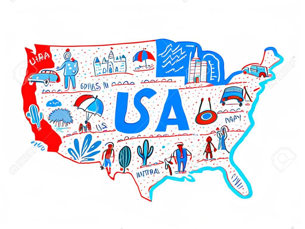 Mapa dos Estados Unidos em estilo cartoon. Travel EUA conceito.