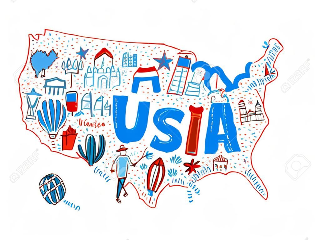 Mapa dos Estados Unidos em estilo cartoon. Travel EUA conceito.