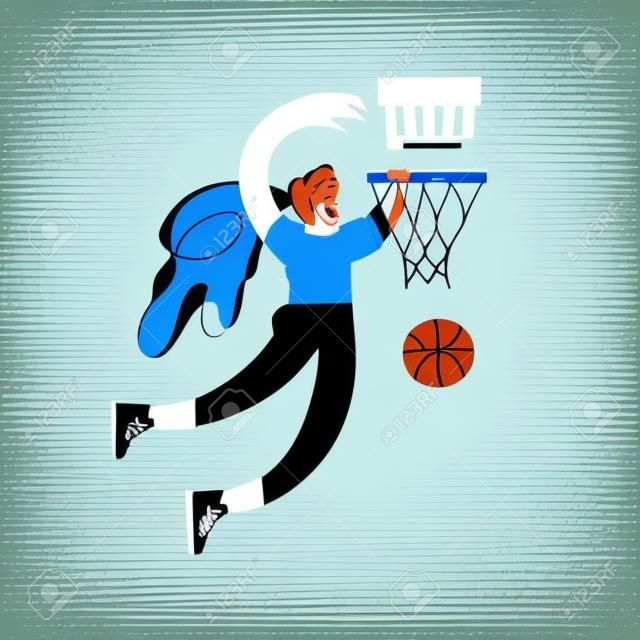 Kobieta koszykarz płaskie ręcznie rysowane ilustracji wektorowych. Sportsmenka rzuca piłkę w kosz kreskówka z napisem. Plakat mistrzostw koszykówki kobiet, pomysł na projekt banera