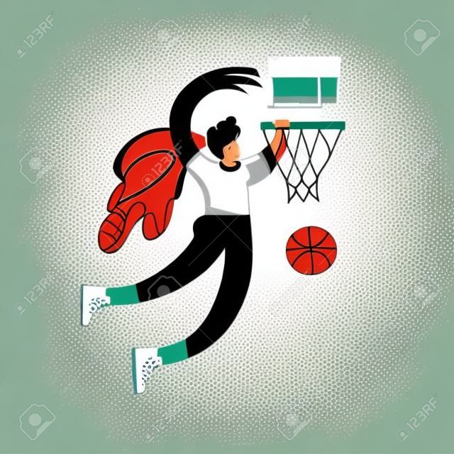 Kobieta koszykarz płaskie ręcznie rysowane ilustracji wektorowych. Sportsmenka rzuca piłkę w kosz kreskówka z napisem. Plakat mistrzostw koszykówki kobiet, pomysł na projekt banera