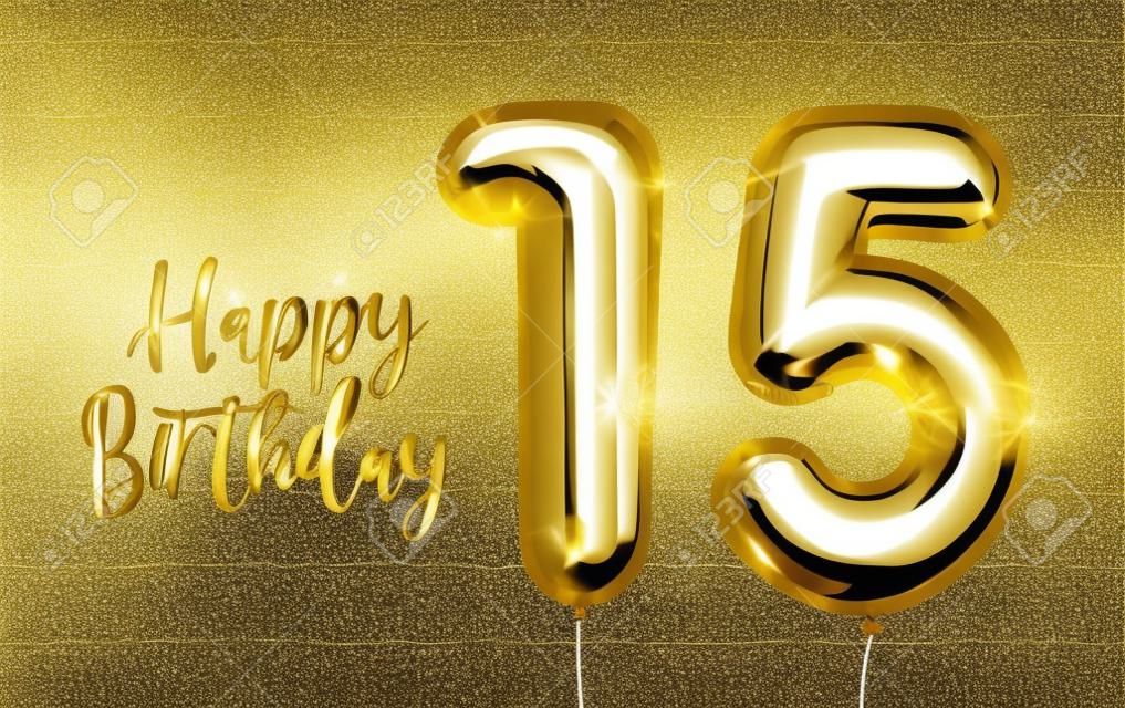Feliz 15 cumpleaños globo de lámina de oro saludo fondo de pared blanca. Plantilla de logotipo de aniversario de 15 años: celebración del 15 con confeti. Stock de fotos.
