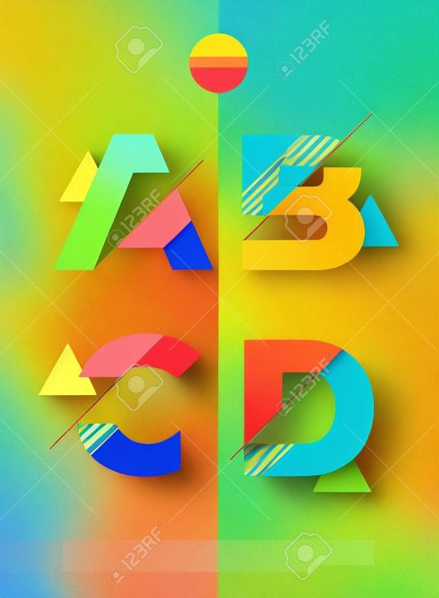 Typograficzne alfabet w zestawie. Zawiera żywe kolory i minimalistyczny design na minimalnym abstrakcyjnym tle