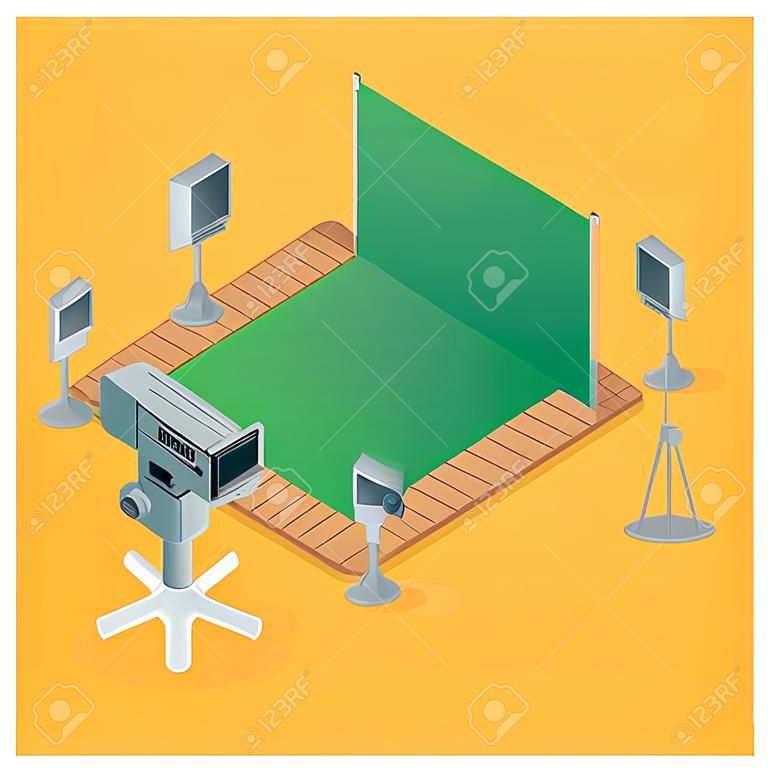 Broadcast telecommunication isometric composition television van and shooting team working outdoors vector illustration