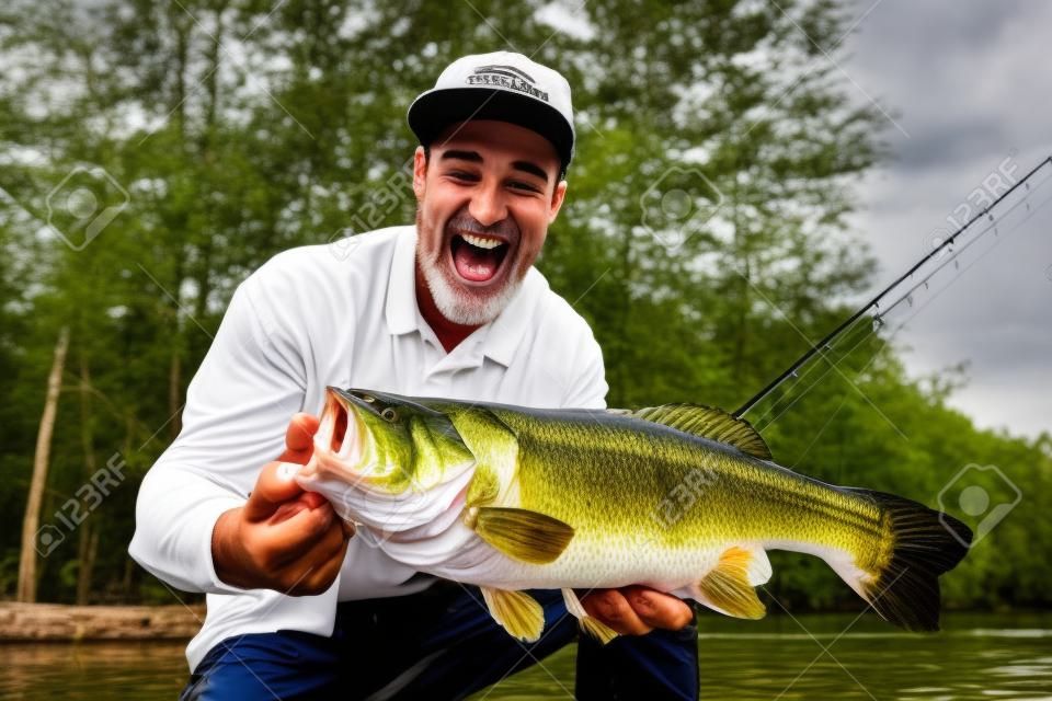 Pesca de lubina. Pescador feliz con grandes peces bajos. Perca bocazas en el estanque