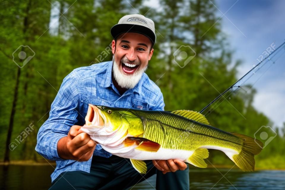 Łowienie basów. szczęśliwy rybak z dużą rybą basową. okoń wielkogębowy w stawie